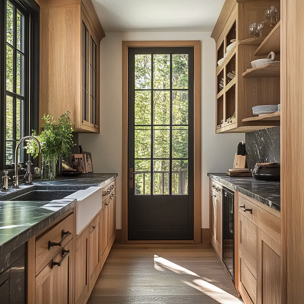 Classic white oak kitchen with soapstone counters and natural sunlight