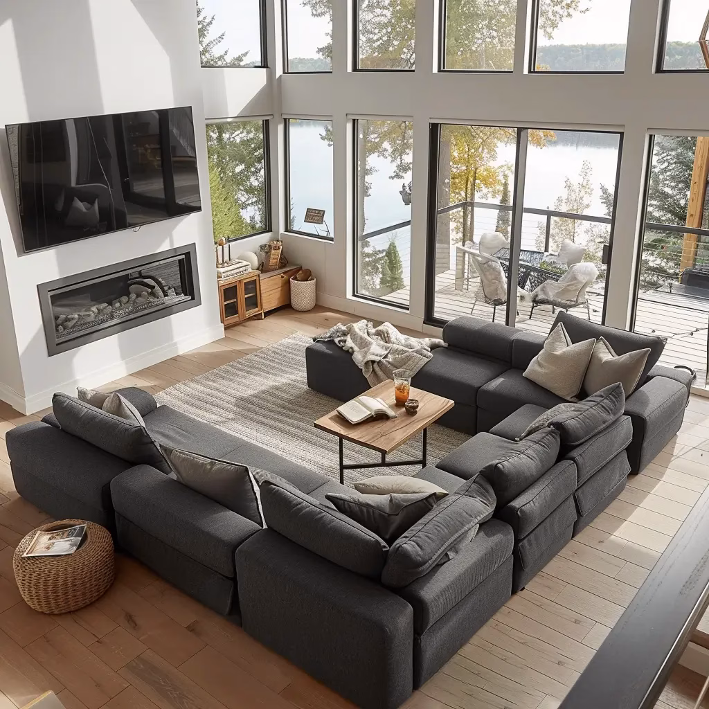 Image of a great room with large windows and lake view with a large gray sectional