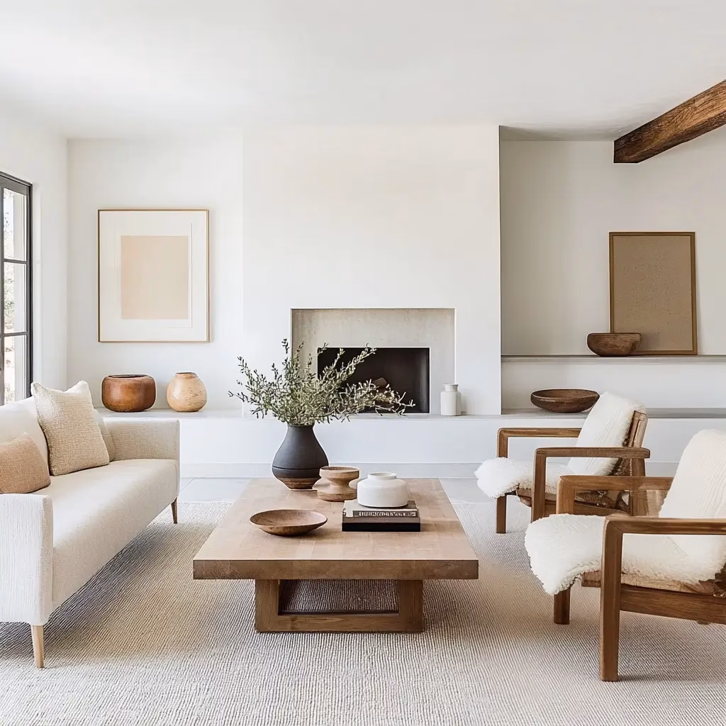 A minimalist modern casual living room in a white and natural wood color palette with sheepskin chairs